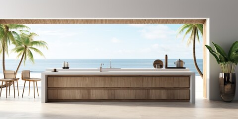  a minimalistic kitchen with white walls, concrete floor, white countertops, wooden cupboards, and a window with a tropical view.