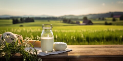 Organic milk production on a farm with a wooden table top and a grass field, serving as a location for food and drink businesses.