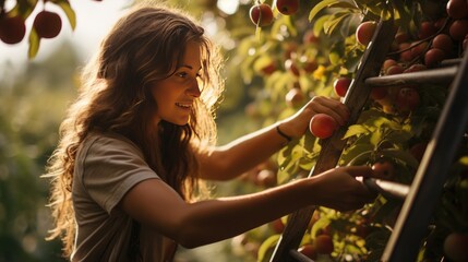 portrait of young woman in orchard picking apples from tree on ladder - obrazy, fototapety, plakaty