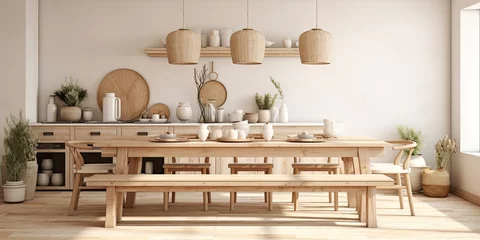 Afwasbaar Fotobehang Boho Wooden Scandinavian boho style dining table and kitchen. White and beige table setting. Country bohemian interior design in .