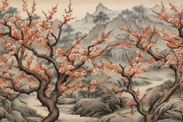 Foto op Canvas Plum blossom landscape with mountains and fog,  Digital painting © Glimmering