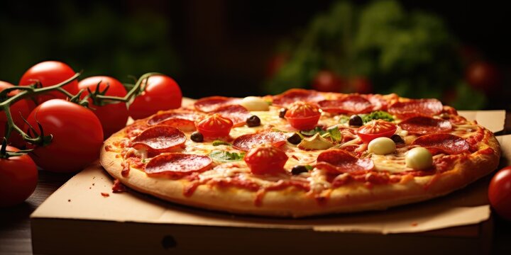 Pepperoni pizza with vegetables in box on table with space