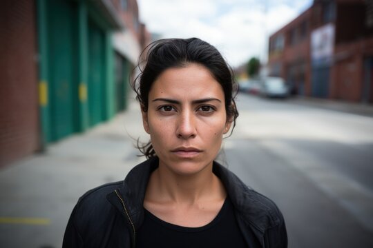 Fototapeta Hispanic woman serious sad face portrait outdoor