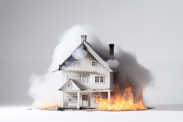 a white house, accident frontal of smoke and catch fire out of house, on isolated white background