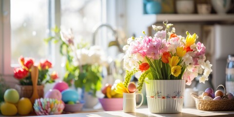 Brightly lit kitchen with assorted utensils, floral vase, and Easter decorations.
