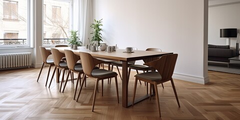 Fototapeta na wymiar Modern apartment with empty chairs arranged on parquet floor around large wooden table in dining room