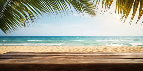 Summer beach scene, featuring palm leaves and empty wooden table.