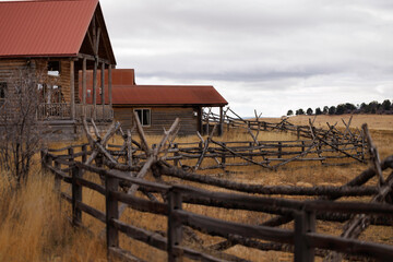 cabins on the fence line in winter