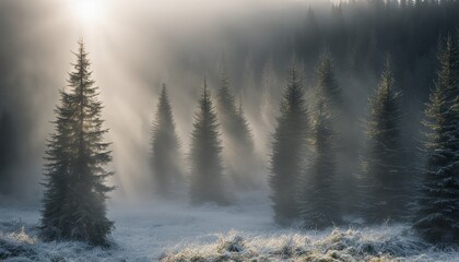 Fototapeta premium A forest of trees covered in snow and fog