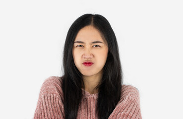 Fototapeta premium Young pretty asian woman black long hair style posing angry emotional isolated on white background