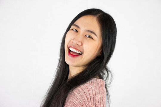 Young pretty asian woman black long hair style posing smilling face looking camera isolated on white background