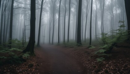 Fototapeta premium A foggy forest path with trees on both sides