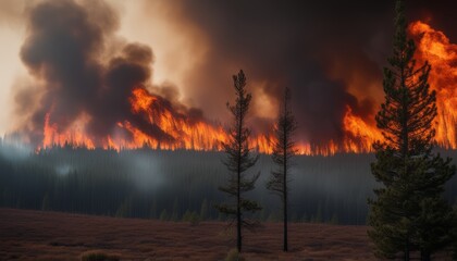 A forest fire rages in the distance