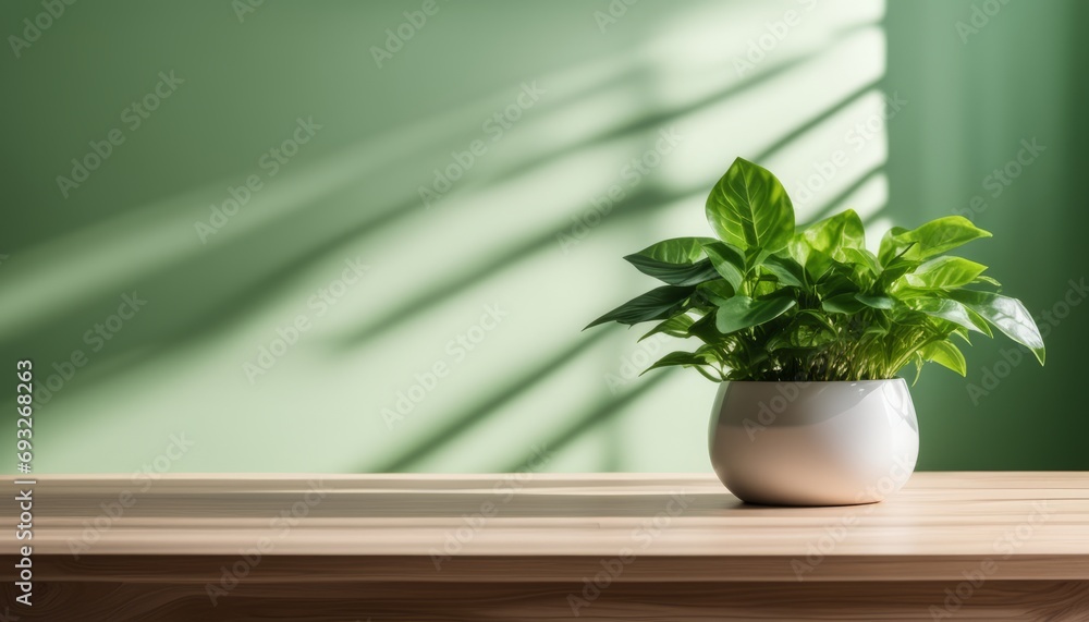 Poster A green plant in a white vase on a shelf