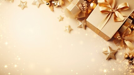 Christmas light gold background with beautiful Golden gift box with red ribbon, fir branches, cones, stars, Christmas cookies, top view, copy space. Generative Ai