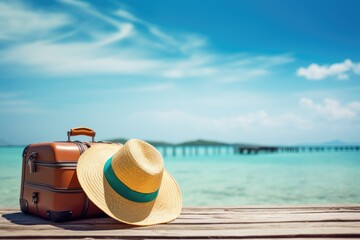 Fototapeta na wymiar luggage and summer hat on the beach, vacation and travel concept