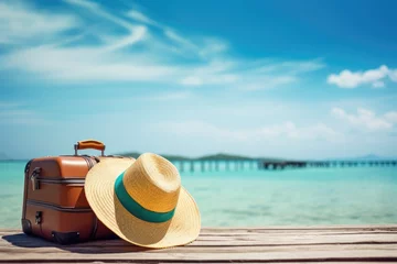 Foto op Canvas luggage and summer hat on the beach, vacation and travel concept © KirKam