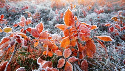 Autumn leaves in the snow at the sunset sky.