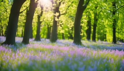 A beautiful forest with trees and purple flowers