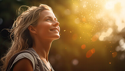 a happy woman exercises outdoors and enjoys the sun light