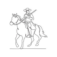 One continuous line drawing of a cowboy is riding a horse while holding a gun vector illustration. cowboy design illustration simple linear style vector concept. cowboy vector design for asset.