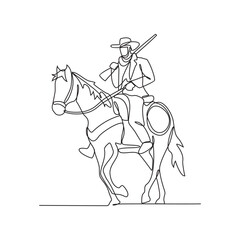 One continuous line drawing of a cowboy is riding a horse while holding a gun vector illustration. cowboy design illustration simple linear style vector concept. cowboy vector design for asset.