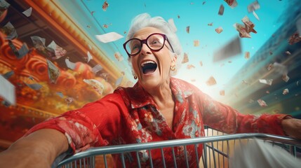 illustration of happy excited old woman granny and shopping cart buying in mall - Powered by Adobe
