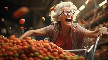 illustration of happy excited old woman granny and shopping cart buying in mall - obrazy, fototapety, plakaty