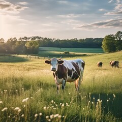 a cow grazing in a pasture