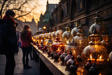 A bustling Christmas market stall with handmade ornaments.