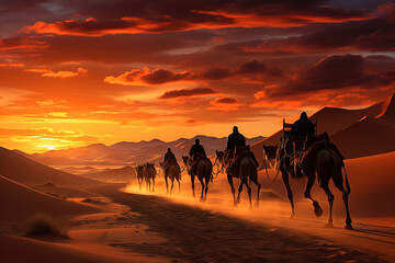 A caravan of buggies in the desert at sunset.