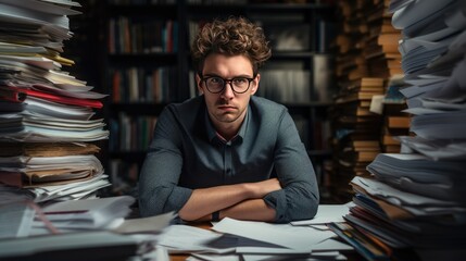 portrait of corporate young man in office with stacks and piles of paper documents - obrazy, fototapety, plakaty