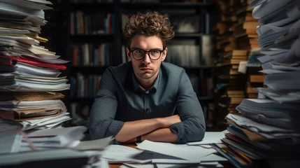 Fotobehang portrait of corporate young man in office with stacks and piles of paper documents © Barosanu