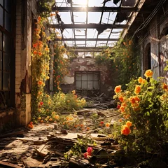 Foto op Plexiglas Nature's Reclaim  A Hauntingly Beautiful Abandoned Factory Reborn with Greenery © Saran