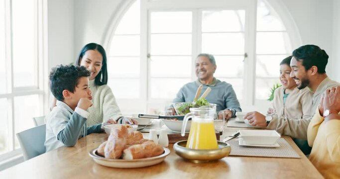 Happiness, family and generations with meal in home for quality time with conversation. Eat, grandparents and children with eating food on table with talking during lunch on in a house together.