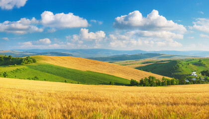 Fototapeta premium golden wheat fields under azure skies, a vibrant summer scene teeming with natural beauty