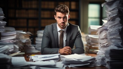 portrait of corporate young man in office with stacks and piles of paper documents