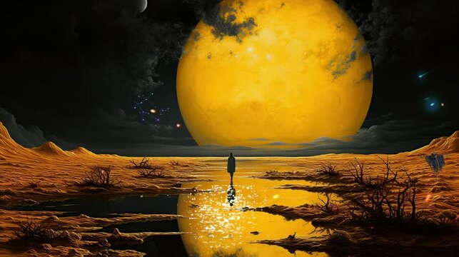 painting with the theme of the yellow moon in the expanse of a mountain crater with a man standing on his back looking at the moon which awakens the person's fighting spirit