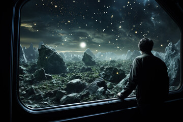 A space tourist looking through the window at an asteroid field.