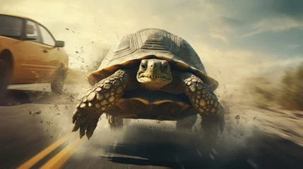 Foto op Aluminium illustration of turtle driving car vehicle with speed © Barosanu