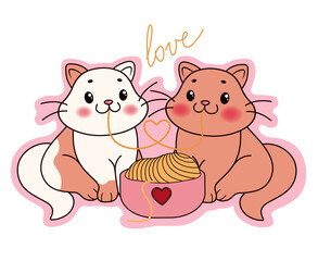 Cute cats eating spaghetti on white background. Valentine's Day celebration