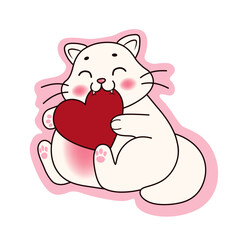 Cute cat with red heart on white background. Valentine's Day celebration