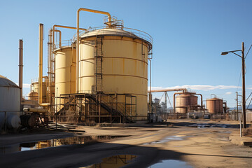 Obraz premium Aerial view of oil pipelines and storage tanks.