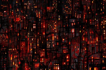Seamless pattern of the night city with glowing lanterns