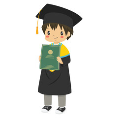 Graduate boy student character vector. Happy little boy graduate wearing graduation hat and gown, smiling and holding a graduation diploma.