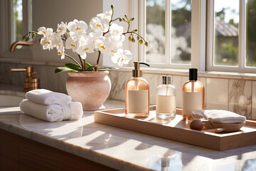 Fototapeta na wymiar Luxurious bathroom products displayed elegantly with natural light and orchids enhancing the spa-like ambiance.