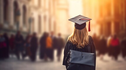 Successful child with graduation cap and backpack full of books, blurred background, copy space - generative ai