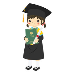 Graduate girl student character vector. Happy little girl graduate wearing graduation hat and gown, smiling and holding a graduation diploma and certificate tube. 