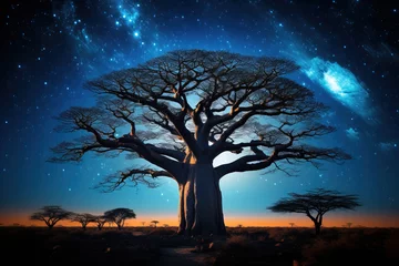 Foto op Canvas A majestic baobab tree stands tall under a starry sky, evoking wonder and the magic of nature. © 22Imagesstudio