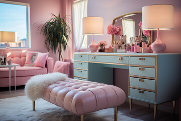 Barbie-themed room featuring a vanity table adorned with makeup and jewelry. - obrazy, fototapety, plakaty